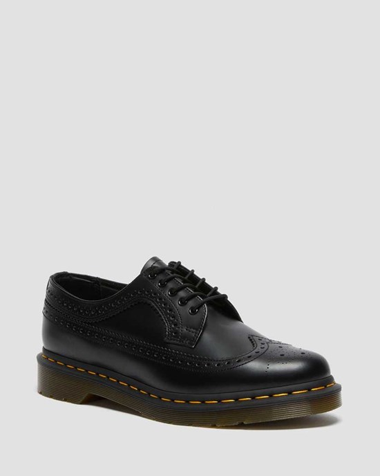 Black Smooth Leather Men's Dr Martens 3989 Yellow Stitch Smooth Leather Oxford Shoes | AIG-826594