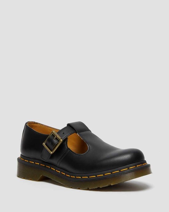 Black Smooth Leather Women's Dr Martens Polley Smooth Leather Mary Jane Shoes | TJSVIKP-98