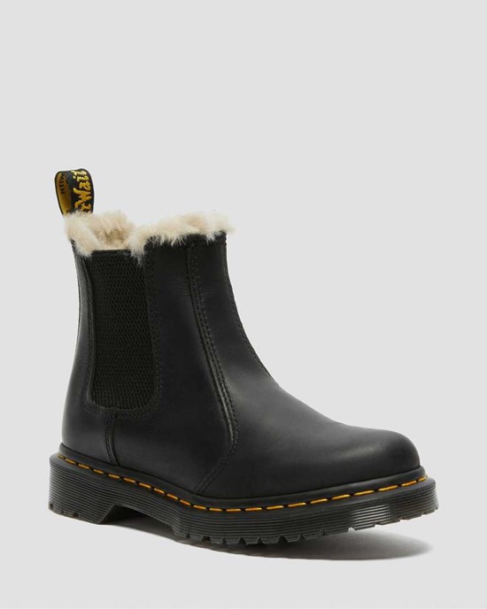 Black Burnished Wyoming Women's Dr Martens 2976 Faux Fur Lined Chelsea Boots | HZP-241073