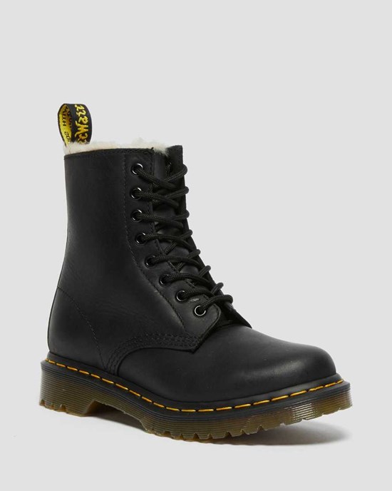 Black Burnished Wyoming Women's Dr Martens 1460 Faux Fur Lined Lace Up Boots | ZXM-728430