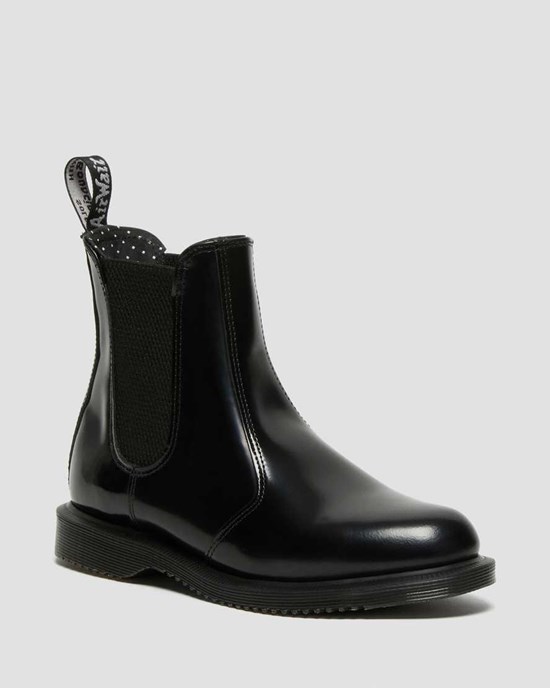Black Polished Smooth Women's Dr Martens Flora Smooth Leather Chelsea Boots | XDC-714980