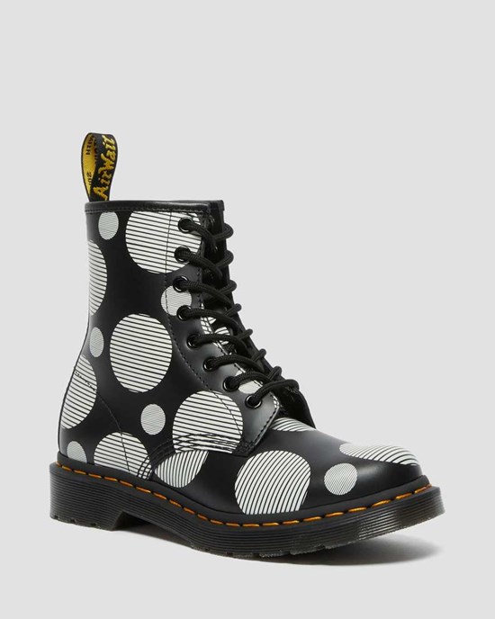 Black Polka Dot Smooth Women's Dr Martens 1460 Polka Dot Smooth Leather Lace Up Boots | HYA-615048