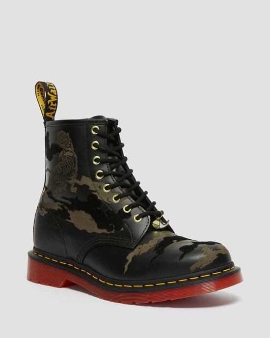 Black Smooth Leather Women's Dr Martens 1460 Year of The Tiger Leather Lace Up Boots | AFX-652189