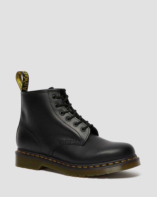 Black Smooth Leather Women's Dr Martens 101 Yellow Stitch Smooth Leather Lace Up Boots | KRD-342571