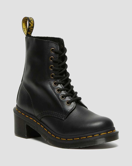 Black Wanama Women's Dr Martens Clemency Leather Heeled Lace Up Boots | XHY-397861