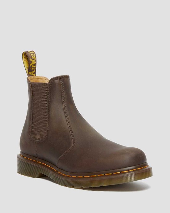 Dark Brown Crazy Horse Leather Women's Dr Martens 2976 Yellow Stitch Crazy Horse Leather Chelsea Boots | TLU-703521