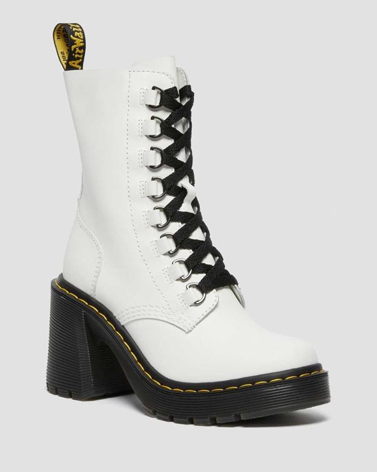 White Sendal Women's Dr Martens Chesney Leather Flared Heel Lace Up Boots | XAV-510948
