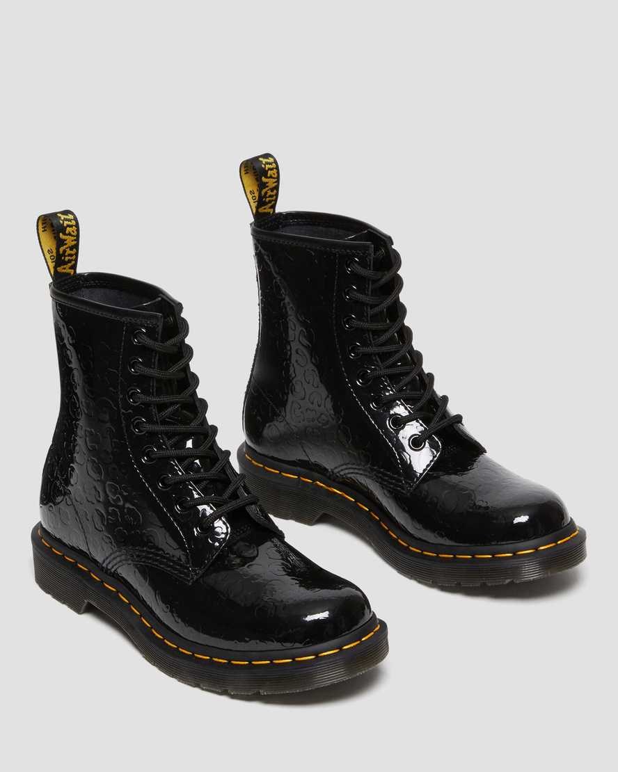 Black Patent Lamper Leopard Emboss Women's Dr Martens 1460 Leopard Emboss Patent Leather Lace Up Boots | MLS-469073