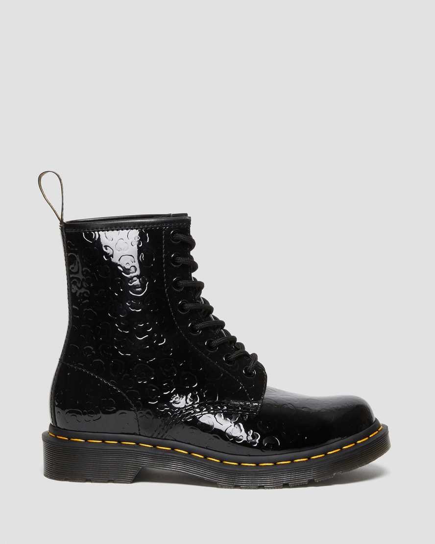 Black Patent Lamper Leopard Emboss Women's Dr Martens 1460 Leopard Emboss Patent Leather Lace Up Boots | MLS-469073