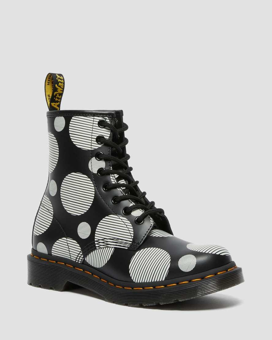 Black Polka Dot Smooth Women\'s Dr Martens 1460 Polka Dot Smooth Leather Lace Up Boots | HYA-615048