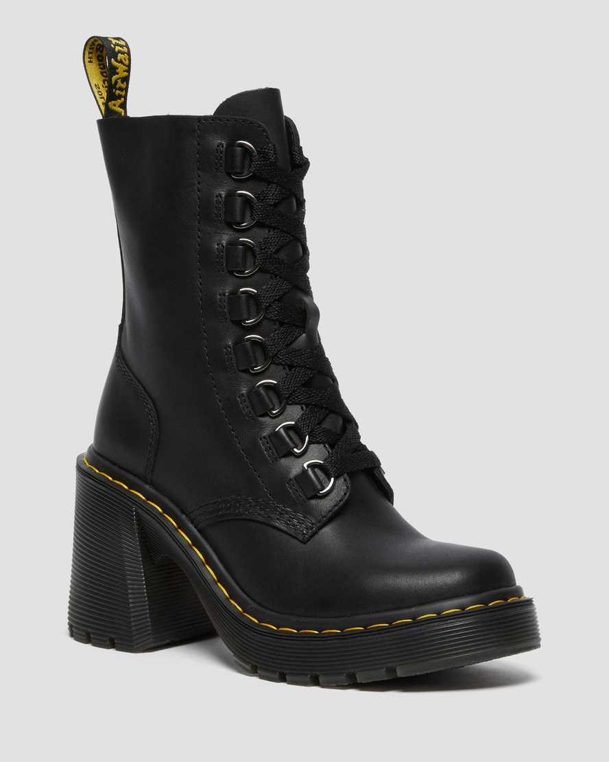 Black Sendal Women's Dr Martens Chesney Leather Flared Heel Lace Up Boots | SZQ-369420