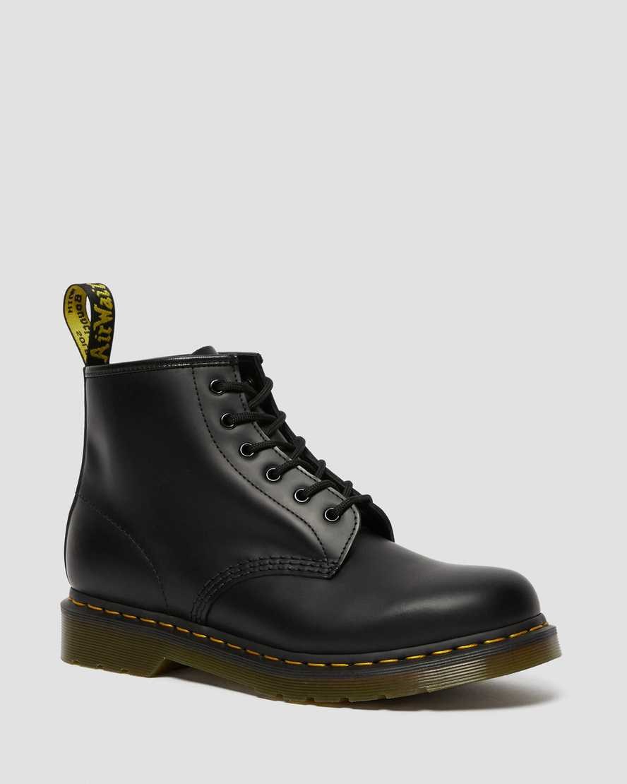 Black Smooth Leather Women\'s Dr Martens 101 Yellow Stitch Smooth Leather Lace Up Boots | KRD-342571