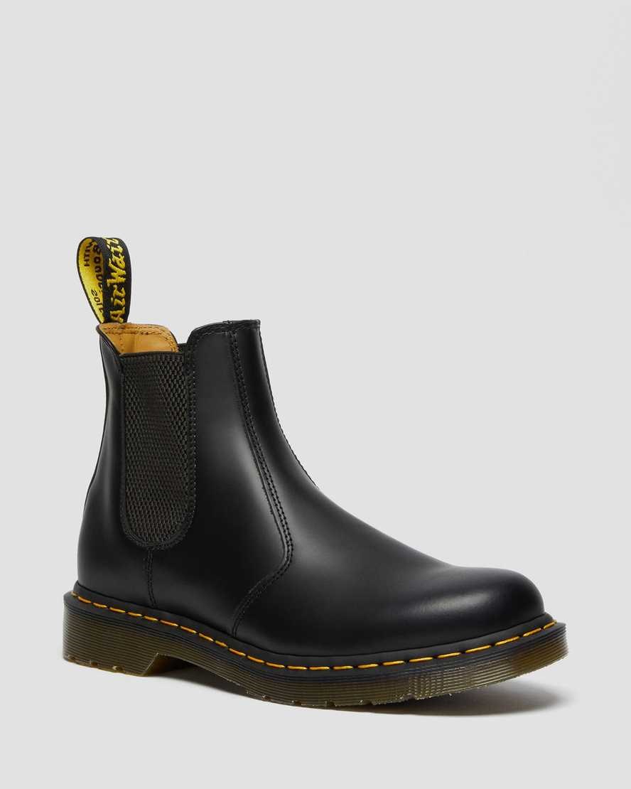 Black Smooth Leather Women\'s Dr Martens 2976 Yellow Stitch Smooth Leather Chelsea Boots | MVX-104762