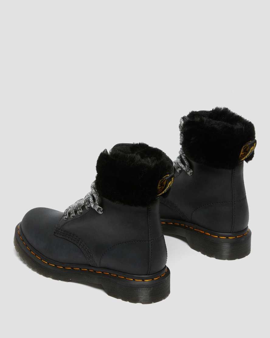 Black Streeter Women's Dr Martens 1460 Serena Collar Faux Fur Lined Lace Up Boots | TRM-602574