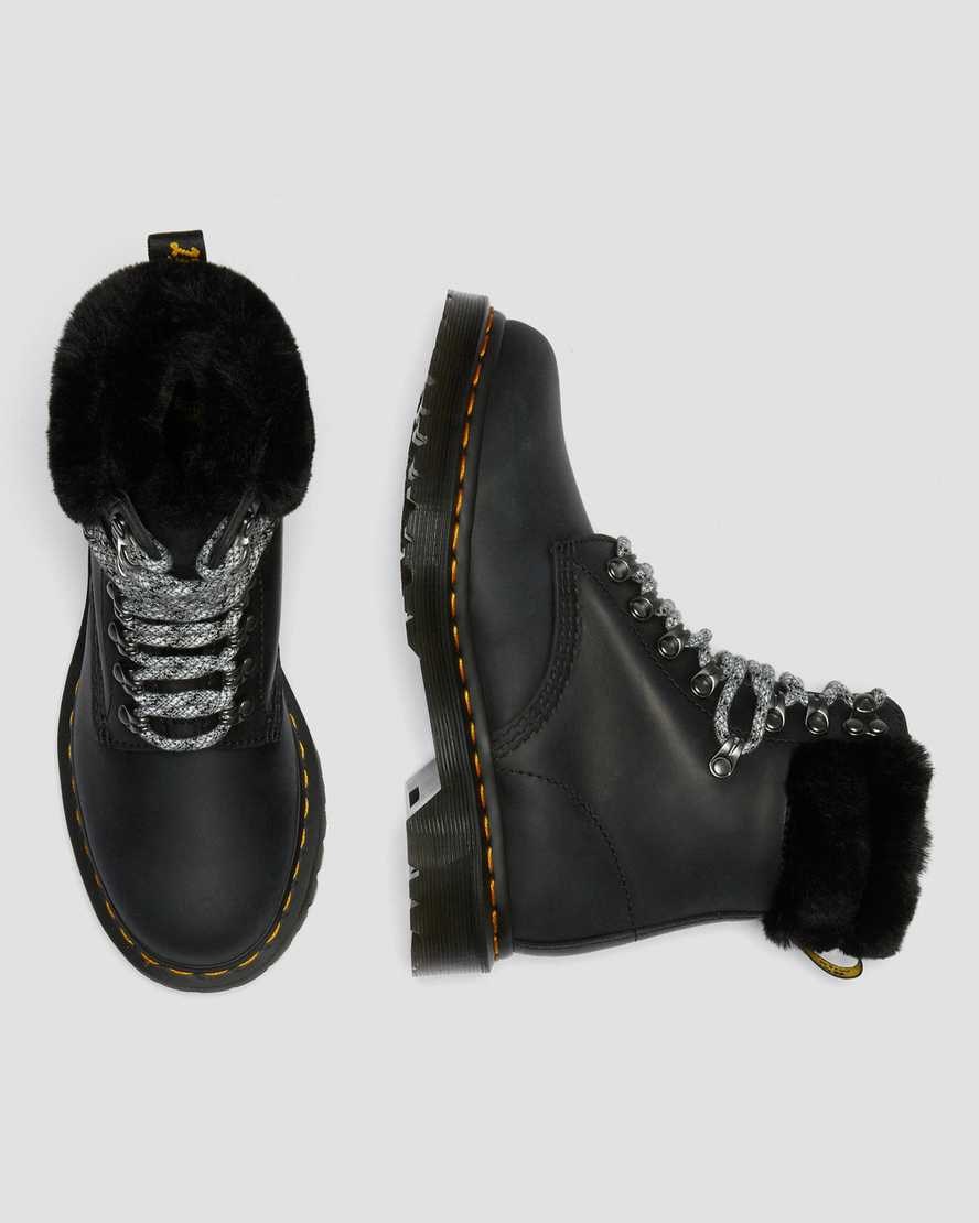 Black Streeter Women's Dr Martens 1460 Serena Collar Faux Fur Lined Lace Up Boots | TRM-602574