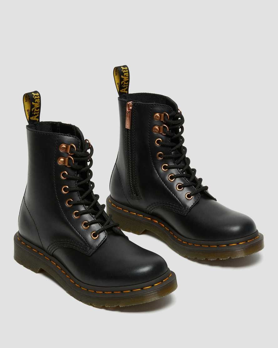 Black Wanama Women's Dr Martens 1460 Pascal Rose Gold Hardware Leather Lace Up Boots | OHW-587264