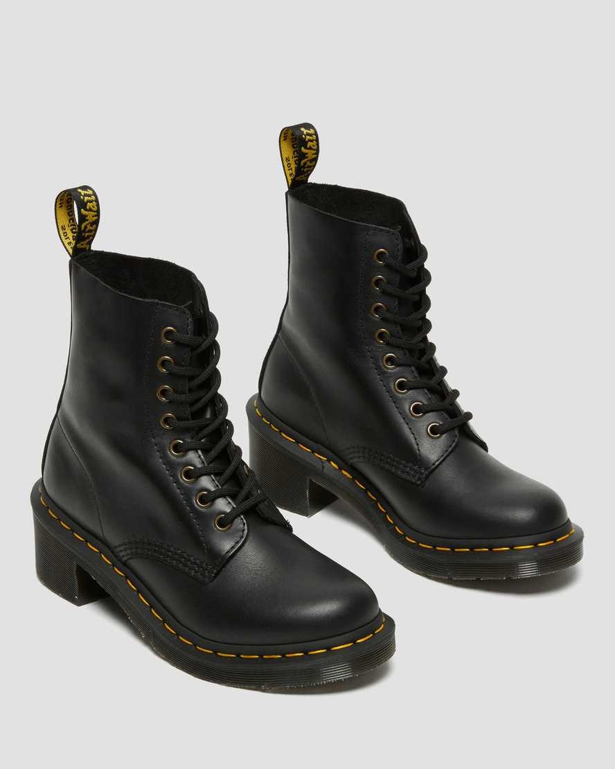 Black Wanama Women's Dr Martens Clemency Leather Heeled Lace Up Boots | XHY-397861