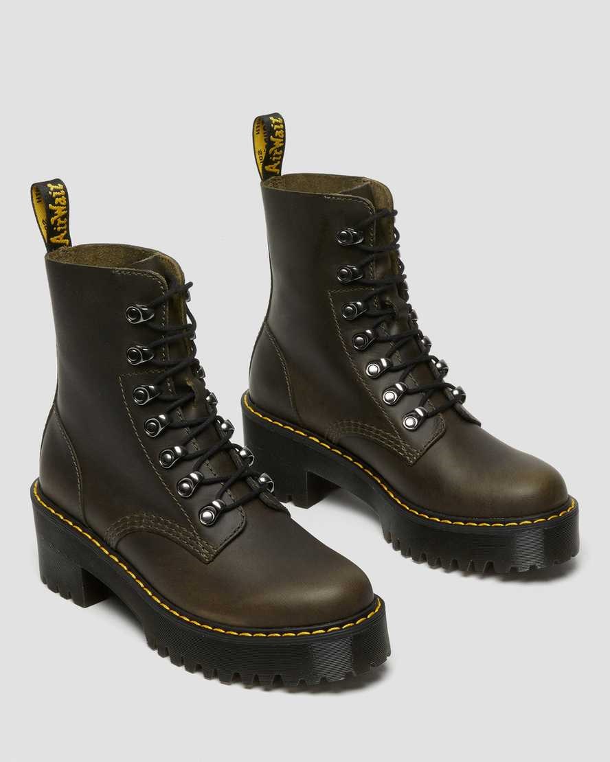 Brown Orleans Women's Dr Martens Leona Leather Heeled Lace Up Boots | GCSAROK-13