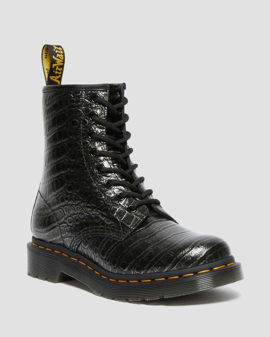 Gunmetal Wild Croc Women\'s Dr Martens 1460 Croc Emboss Leather Lace Up Boots | GTF-376982