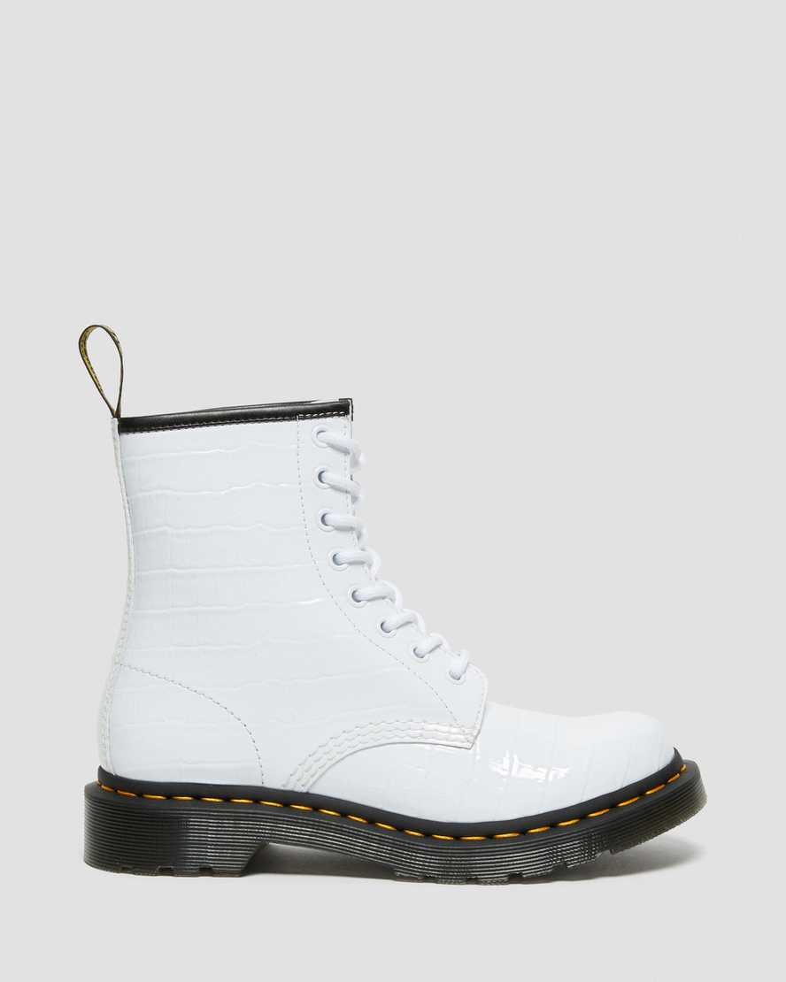 White Patent Lamper Croc Women's Dr Martens 1460 Patent Croc Emboss Leather Lace Up Boots | RTQ-650823