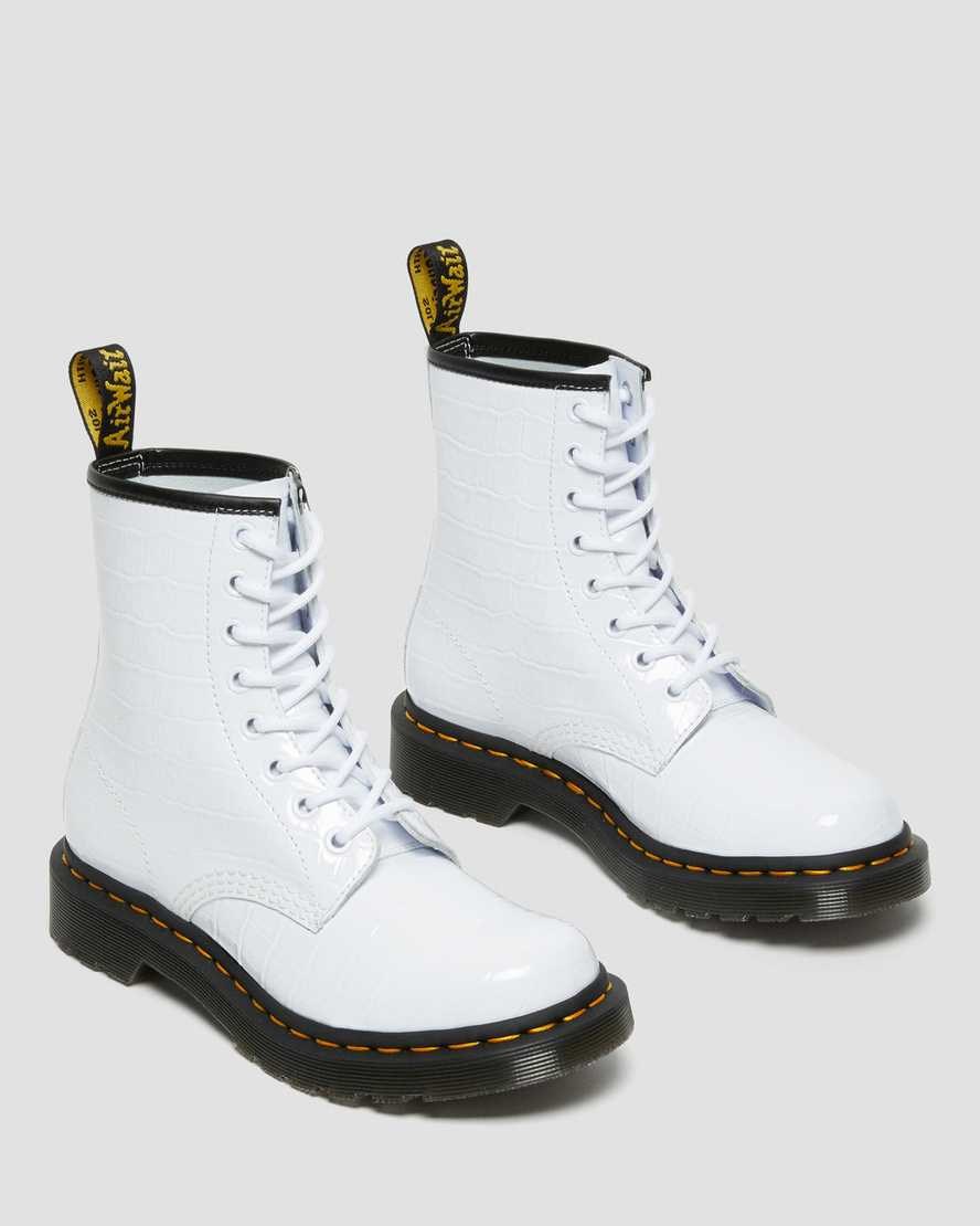 White Patent Lamper Croc Women's Dr Martens 1460 Patent Croc Emboss Leather Lace Up Boots | RTQ-650823