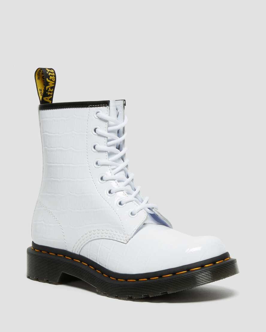 White Patent Lamper Croc Women's Dr Martens 1460 Patent Croc Emboss Leather Lace Up Boots | RTQ-650823