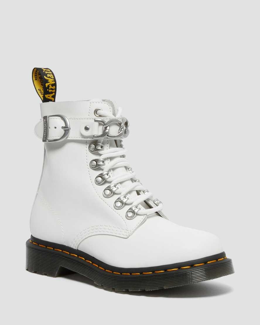 White Sendal Women's Dr Martens 1460 Pascal Chain Leather Lace Up Boots | SQZ-346782