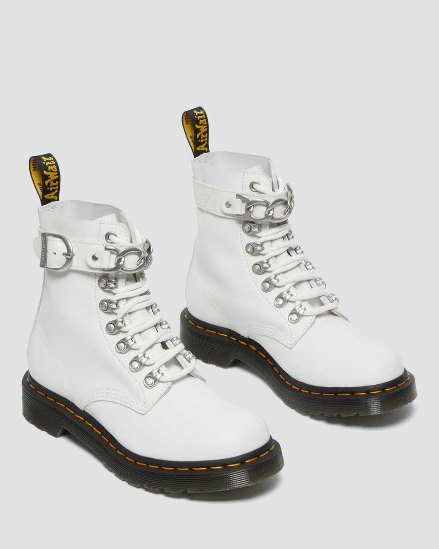 White Sendal Women's Dr Martens 1460 Pascal Chain Leather Lace Up Boots | SQZ-346782