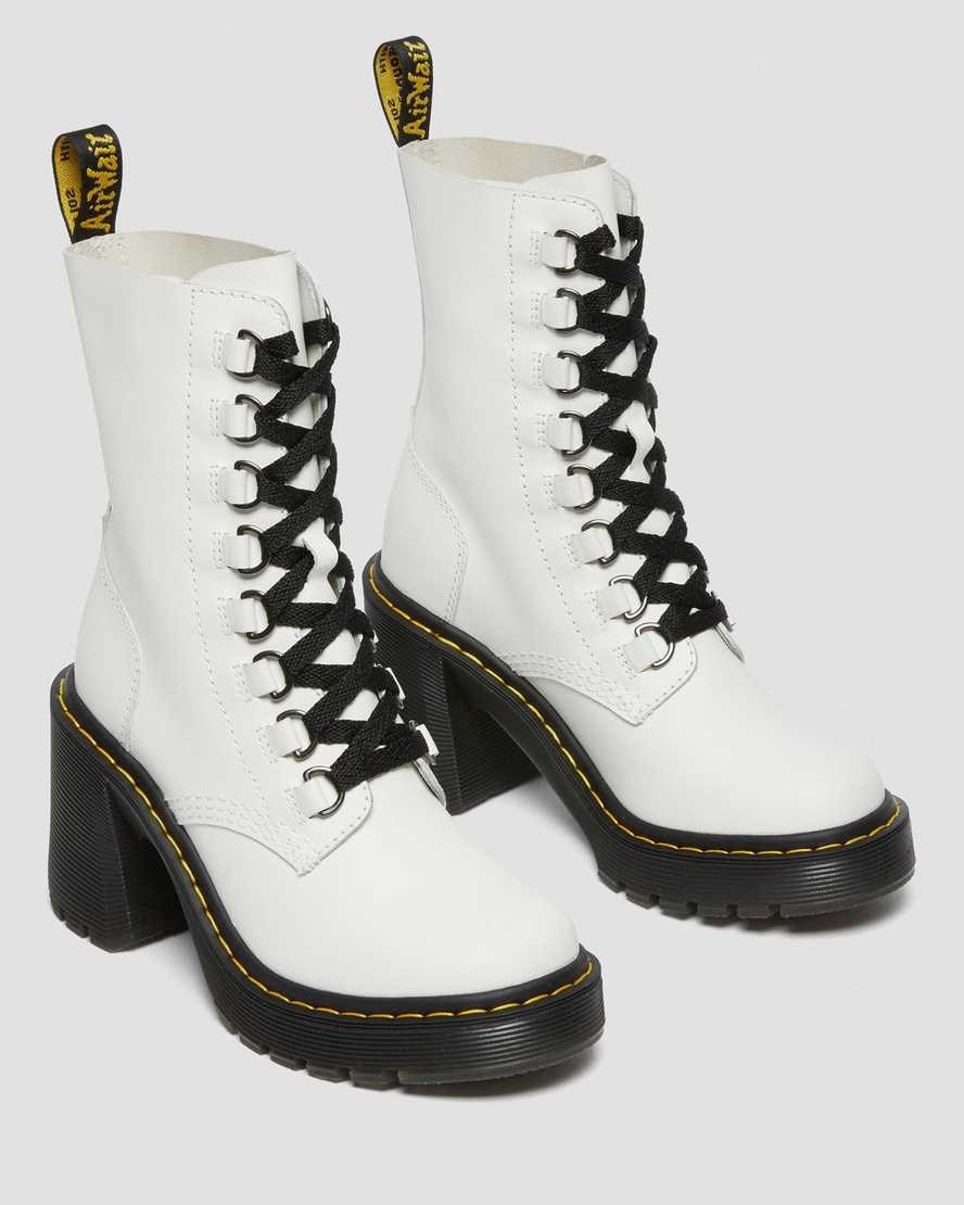 White Sendal Women's Dr Martens Chesney Leather Flared Heel Lace Up Boots | XAV-510948