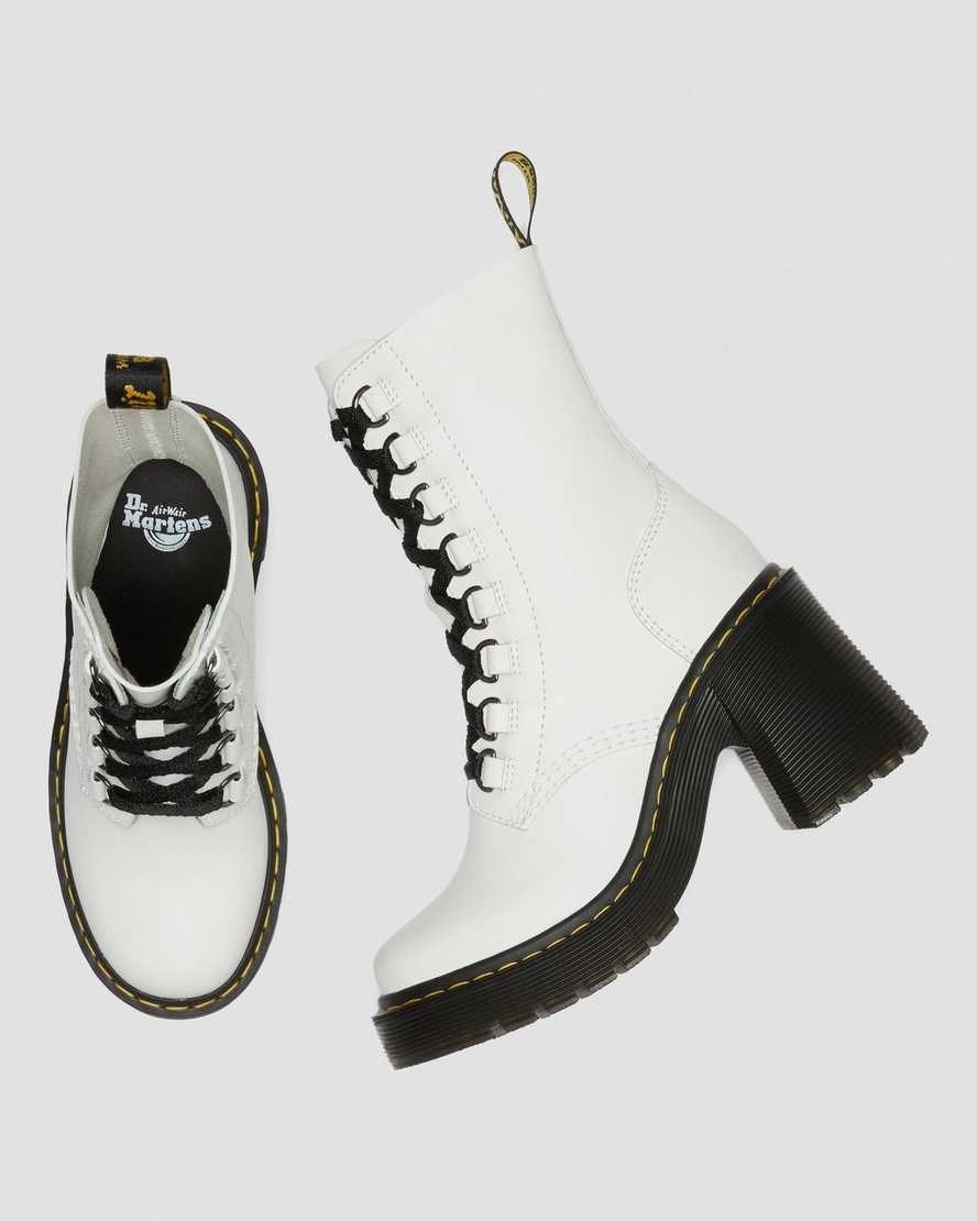 White Sendal Women's Dr Martens Chesney Leather Flared Heel Lace Up Boots | XAV-510948