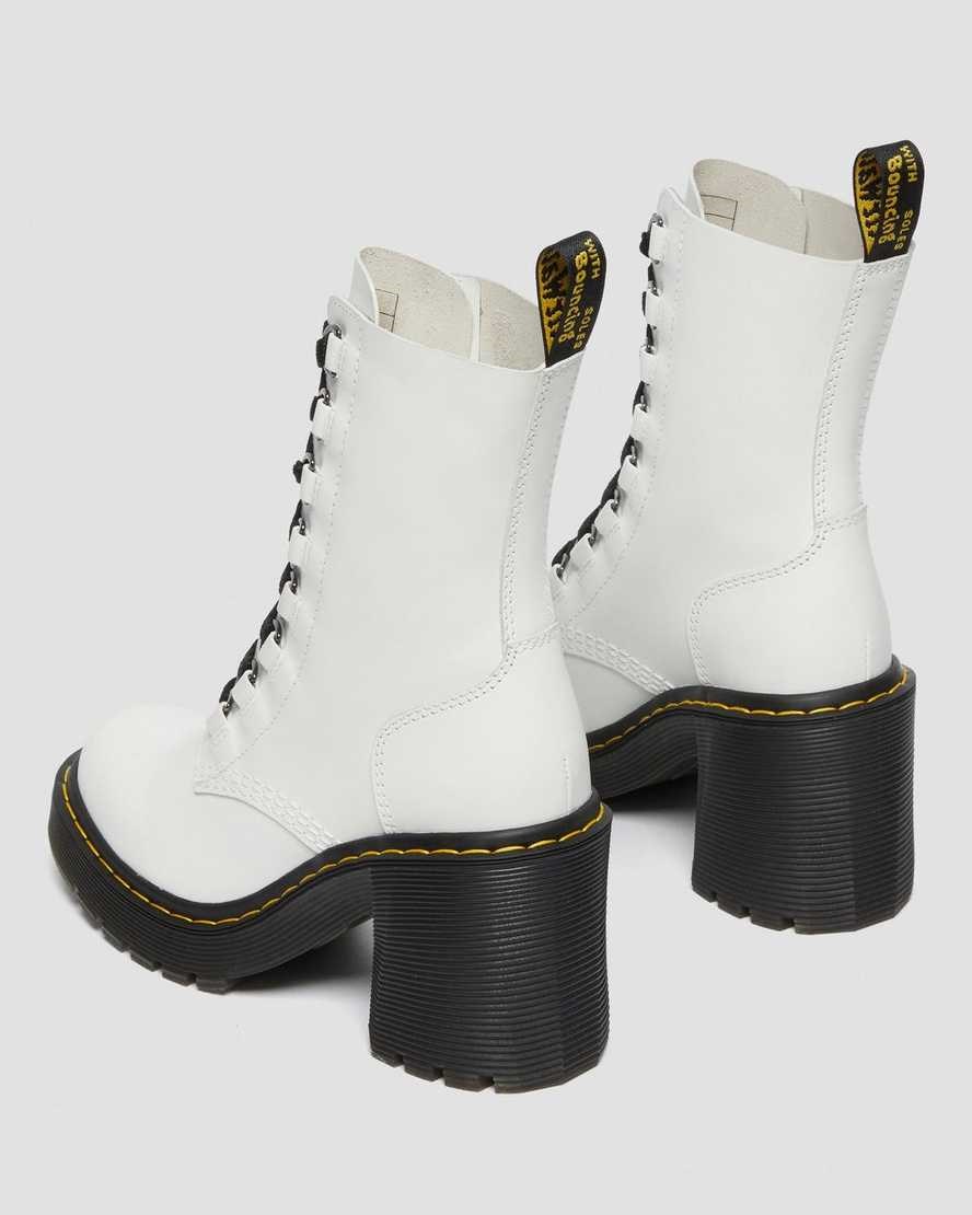 White Sendal Women's Dr Martens Chesney Leather Flared Heel Lace Up Boots | XAV-510948