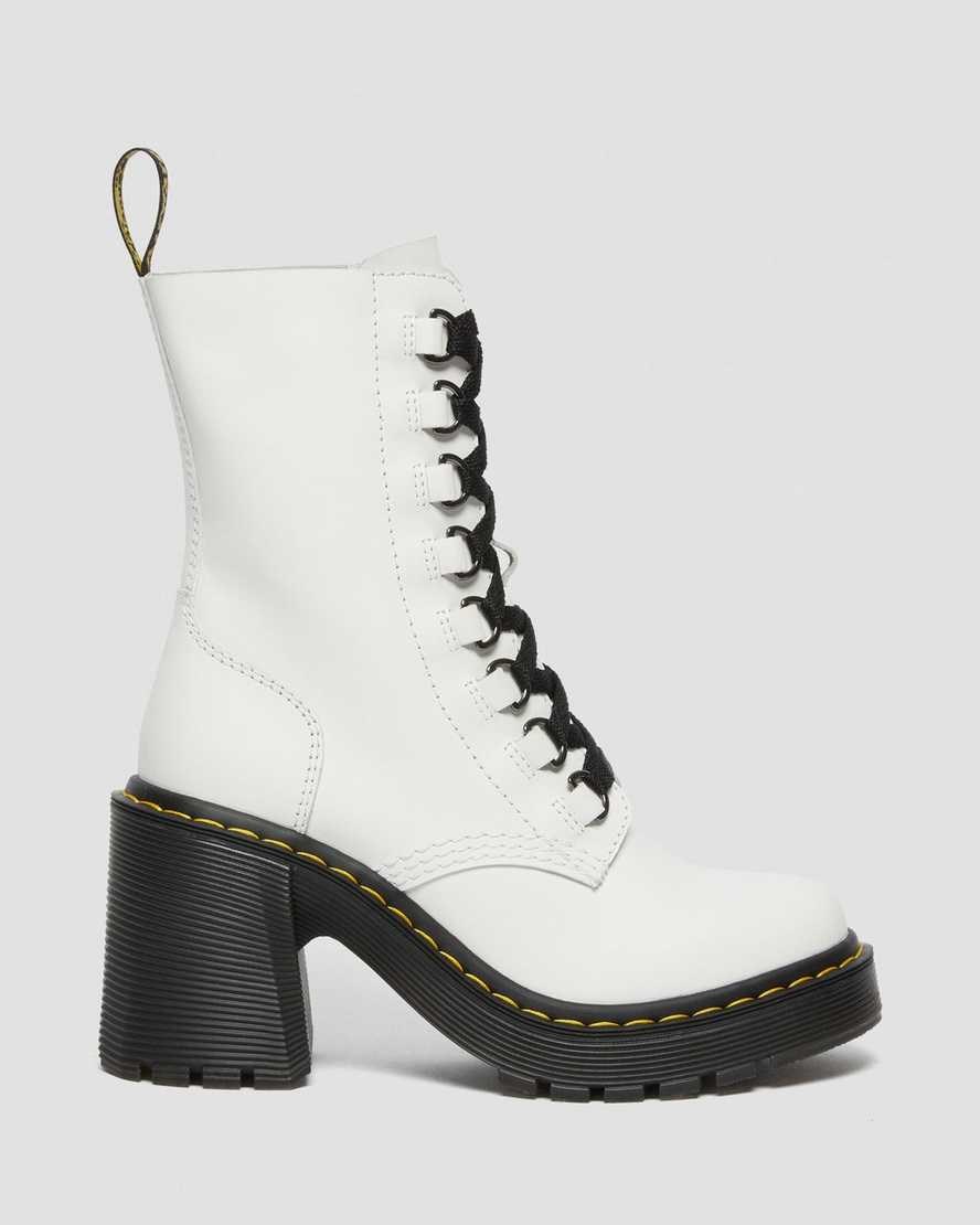 White Sendal Women's Dr Martens Chesney Leather Flared Heel Lace Up Boots | XAV-510948