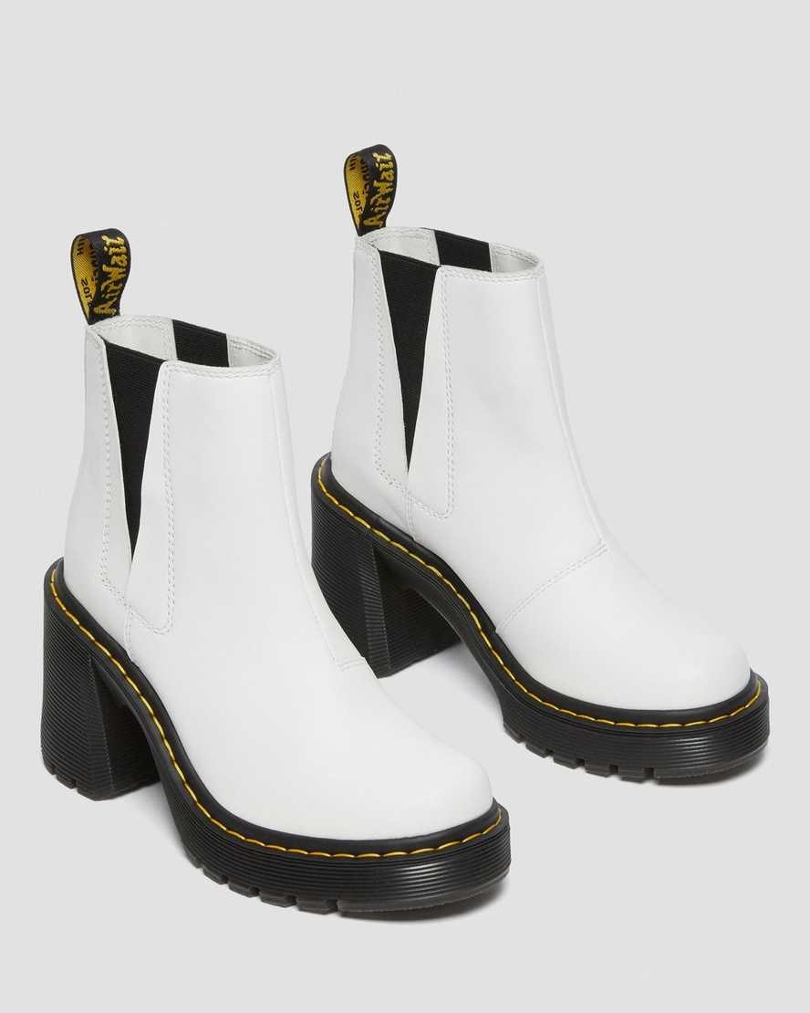 White Sendal Women's Dr Martens Spence Leather Flared Heel Chelsea Boots | FBEGCVP-64