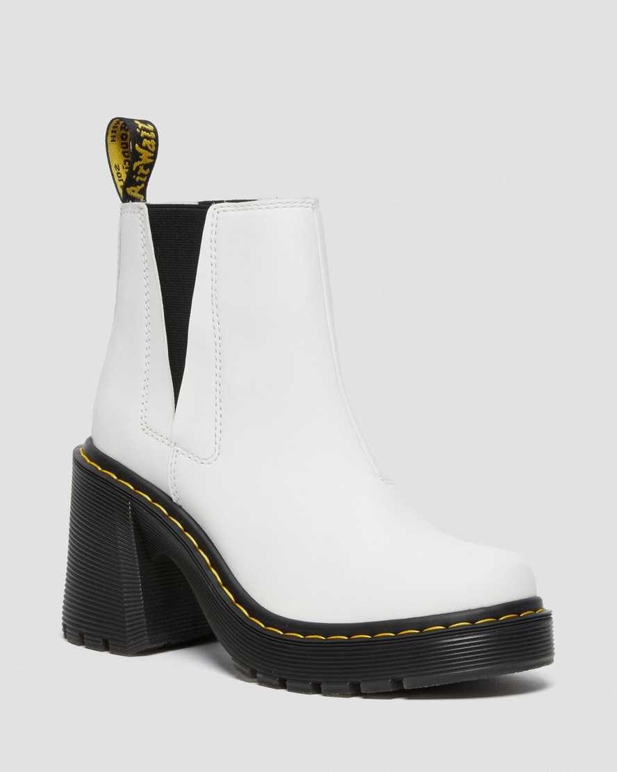 White Sendal Women\'s Dr Martens Spence Leather Flared Heel Chelsea Boots | FBEGCVP-64