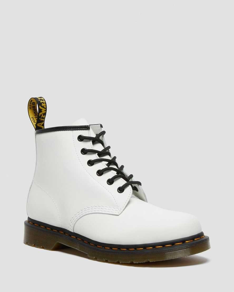 White Smooth Leather Women\'s Dr Martens 101 Yellow Stitch Smooth Leather Lace Up Boots | HTI-473528